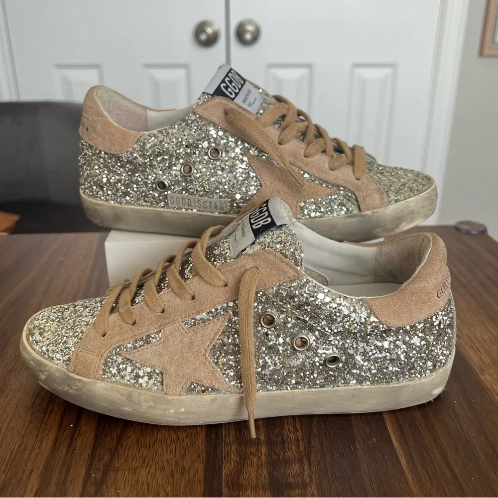 Golden Goose Beige and Silver Glitter Sneakers - Picture 3 of 16